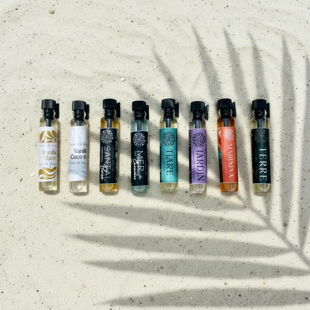 Kleine Duftproben des ShopInventars auf Sand