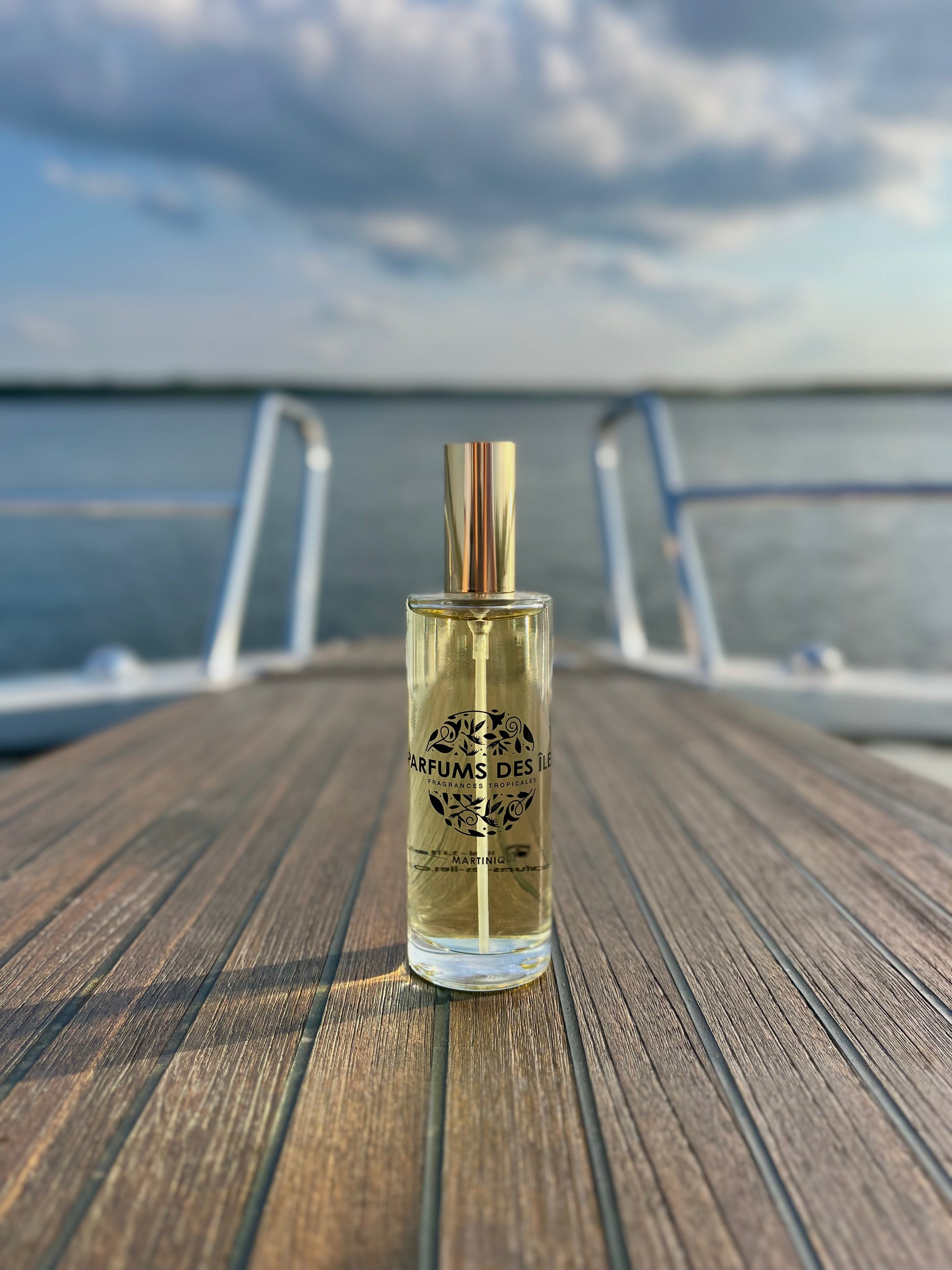 Eau de Parfum Signature Homme 100ml Flacon. Stehend auf einem Boot. Im Hintergrund die Reeling und der See